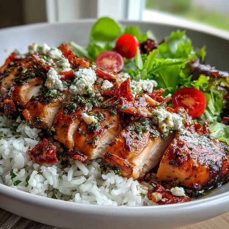 Sliced tender chicken with sun-dried tomato marinade over steamed rice with salad and cherry tomatoes for dinner.