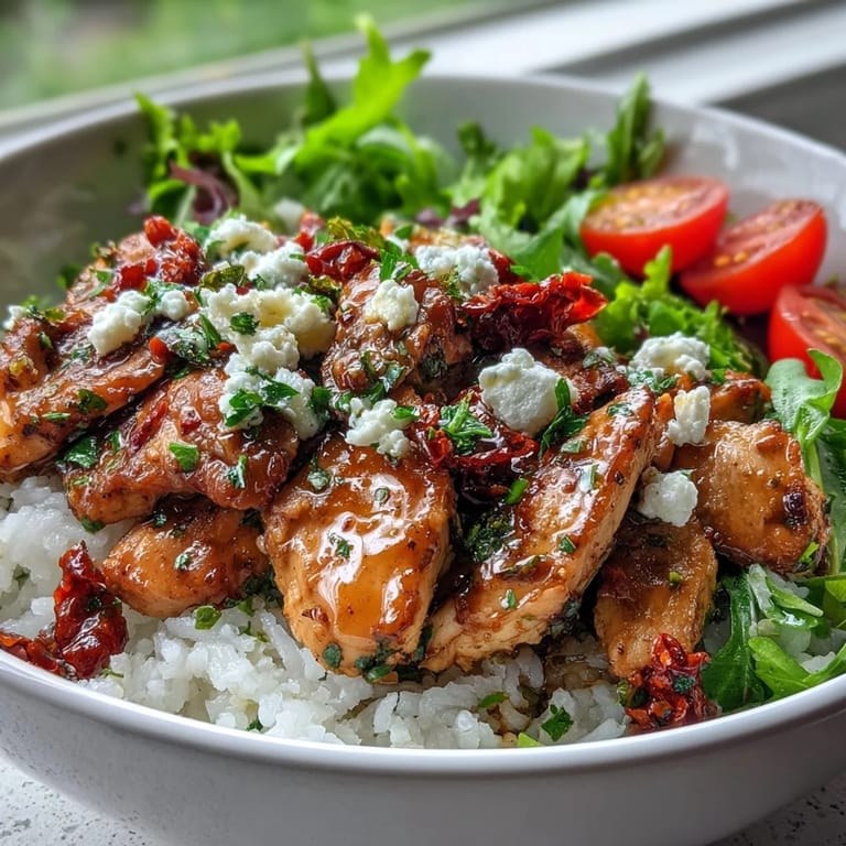 Colorful Mediterranean-inspired Sun-Dried Tomato Chicken Bowl garnished with feta and pine nuts on a rustic wooden table.