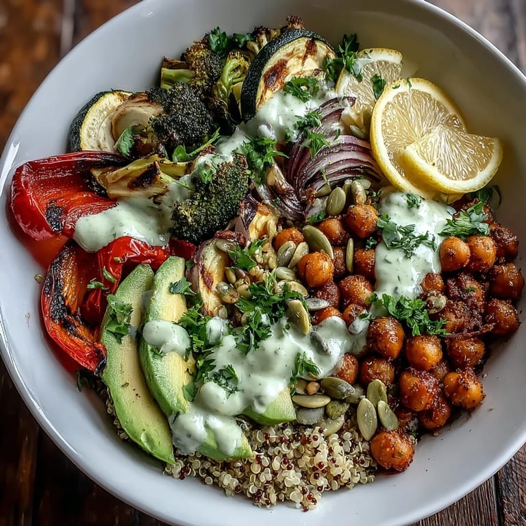 Fresh parsley and pumpkin seeds garnish a wholesome, family-style Vegetable and Legume Bowl ready to serve.