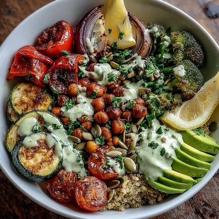 Spoon tahini dressing over this colorful Vegetable and Legume Bowl with quinoa and fresh avocado.