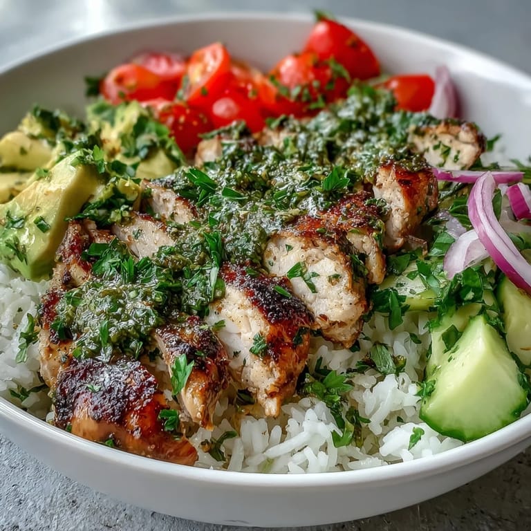 Chimichurri Chicken Bowl topped with fresh cucumber, red onion, and zesty herb drizzle.