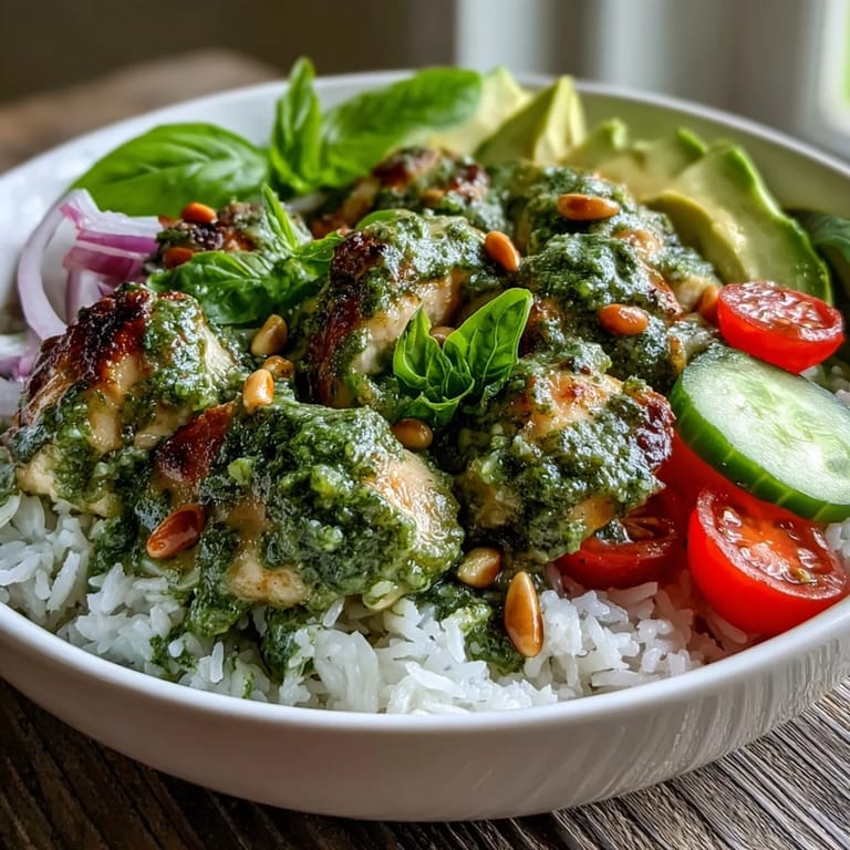 Savory Pesto Chicken Bowl topped with diced cucumber, red onion, spinach, and toasted pine nuts, served warm for dinner.