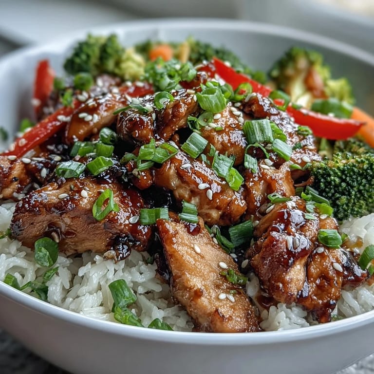 Savory Honey Garlic Chicken Bowl topped with sesame seeds and scallions, served with chopsticks for dinner.