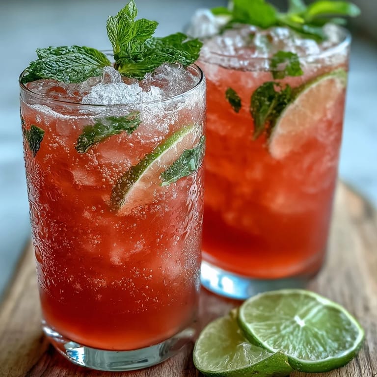 A close-up of Guava Juice With Sparkling Water shows bubbling fizz and a lime slice brightening the vibrant pink drink.