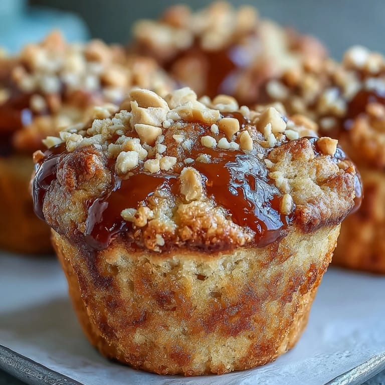 Warm Peanut Butter and Guava Muffins are displayed on a rustic wooden board with a glass of milk.