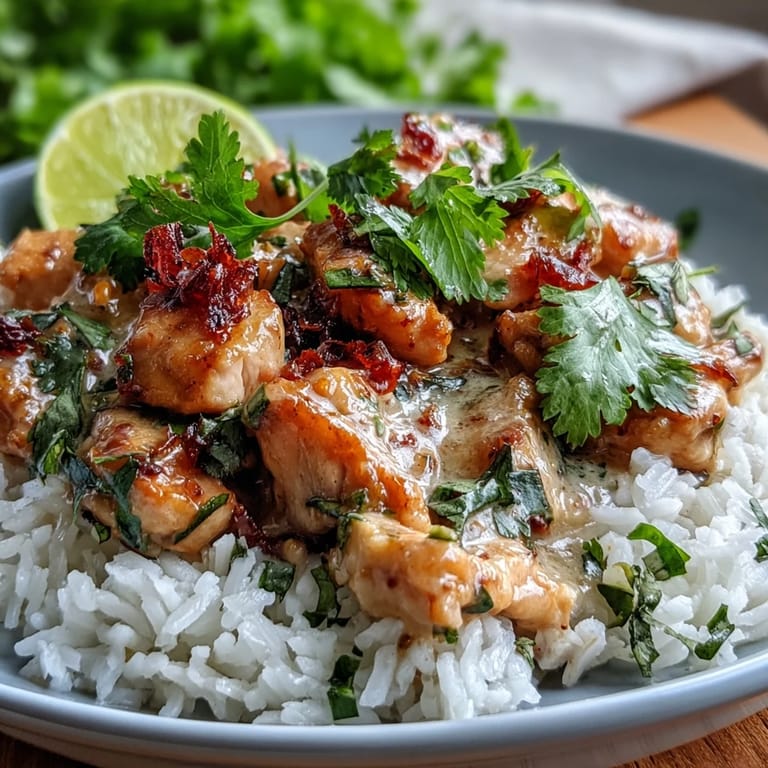 Vibrant coconut chicken rice bowl with sautéed garlic and ginger, served steaming hot as a tropical dinner.