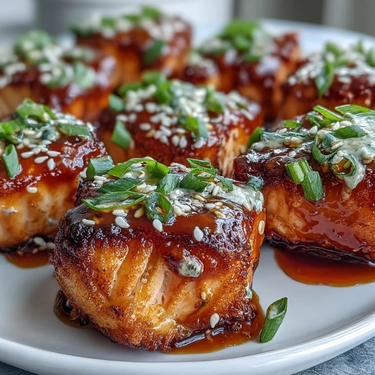 Freshly prepared Bang Bang Salmon Bites are tossed in tangy sauce and sprinkled with sliced green onions.