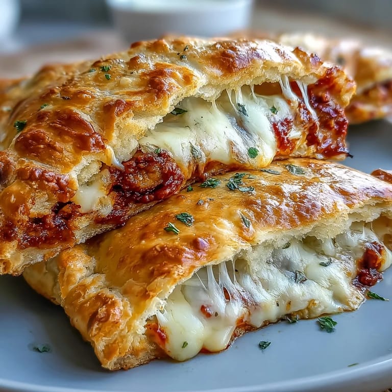 Freshly baked High Protein Pizza Hot Pockets sit on a wooden cutting board, ready for a healthy lunch on the go.