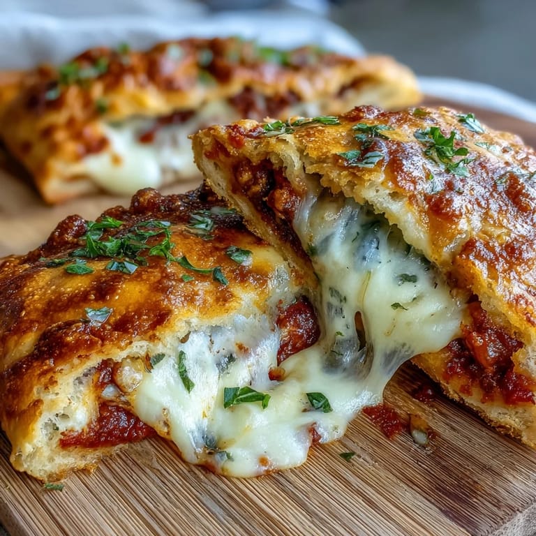 Overhead view of golden, baked High Protein Pizza Hot Pockets on a parchment-lined tray, showing the soft dough and savory filling.
