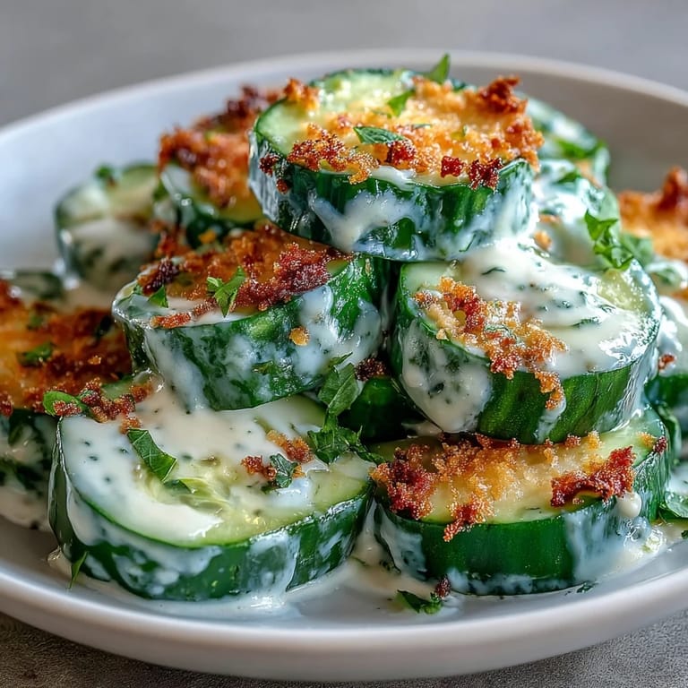 Close-up of a modern cucumber Caesar salad, showcasing crisp cucumber rounds coated in rich dressing and savory toppings.