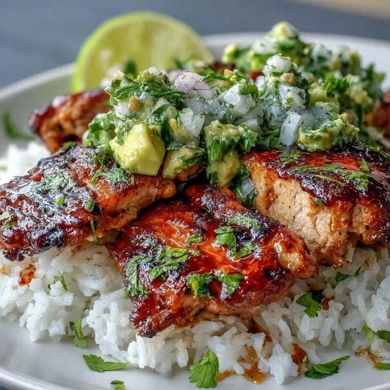 Sliced juicy chicken stacked with fragrant jasmine rice and fresh avocado salsa, served with lime wedges for a bright dinner.