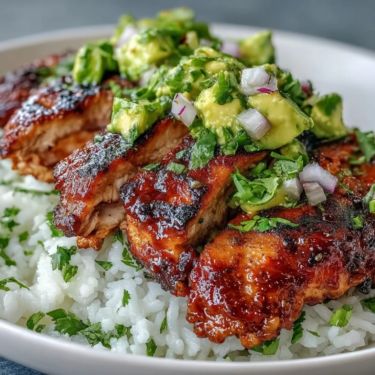 A vibrant stack of tender honey-lime grilled chicken, fluffy jasmine rice, and zesty avocado-cilantro topping on a white plate.