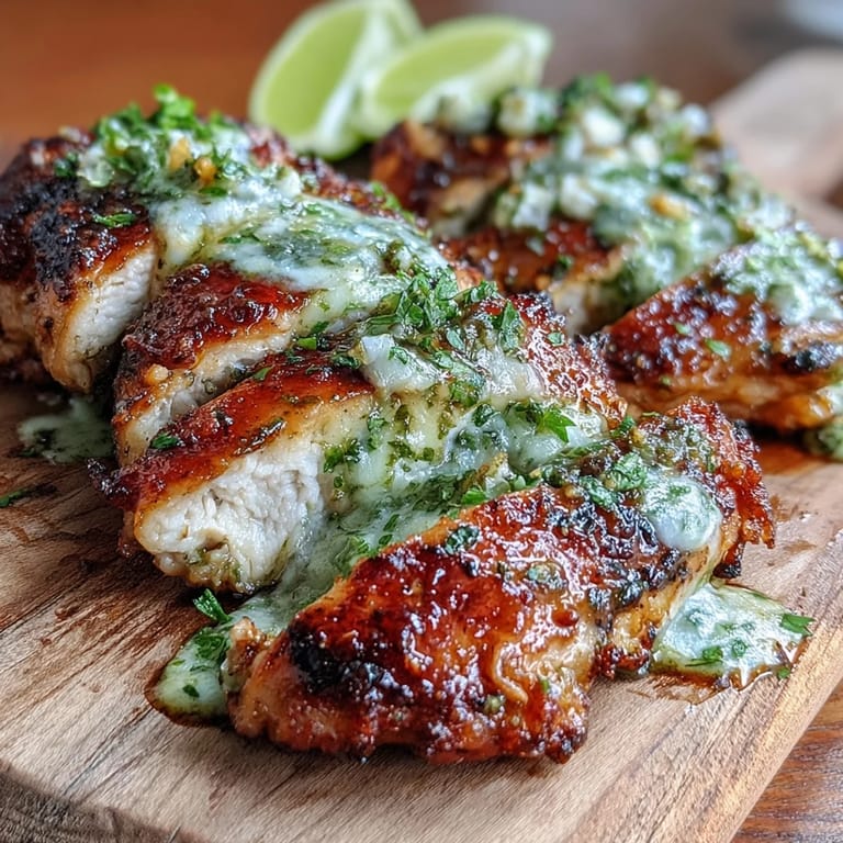 Sliced juicy grilled chicken breasts topped with melted pepper Jack cheese, served on a platter with lime wedges.