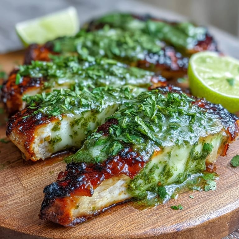 Freshly grilled chicken breasts with salsa verde marinade and melted pepper Jack cheese, ready to serve for dinner.
