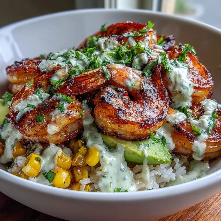 Colorful grilled shrimp bowl featuring avocado, vibrant corn salsa, and creamy garlic sauce, ready to serve.