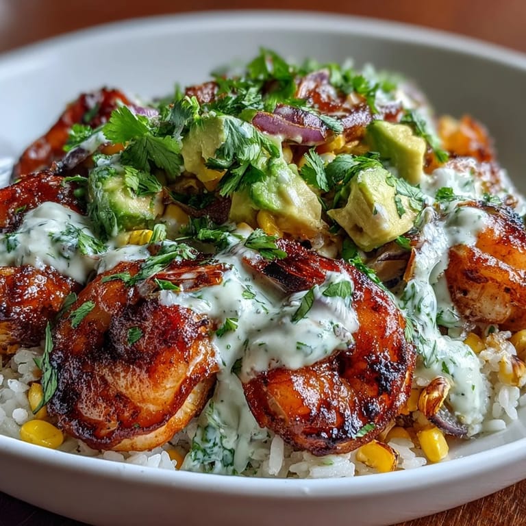 Healthy grilled shrimp bowl with avocado, fresh lime corn salsa, garlic sauce, and fluffy quinoa base.