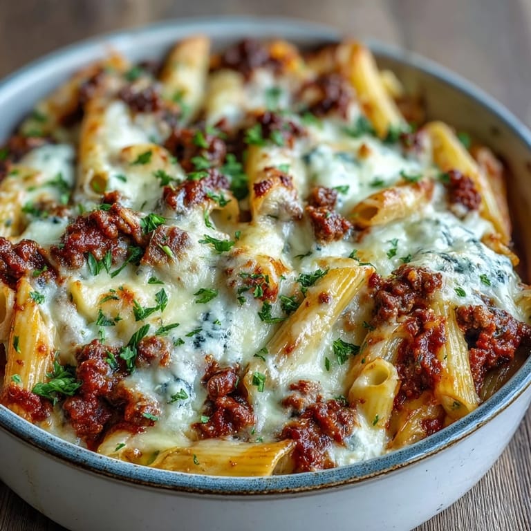 Warm slice of Cottage Cheese Protein Pasta Bake with Ground Beef on a plate, served with fresh salad and a side of garlic bread.