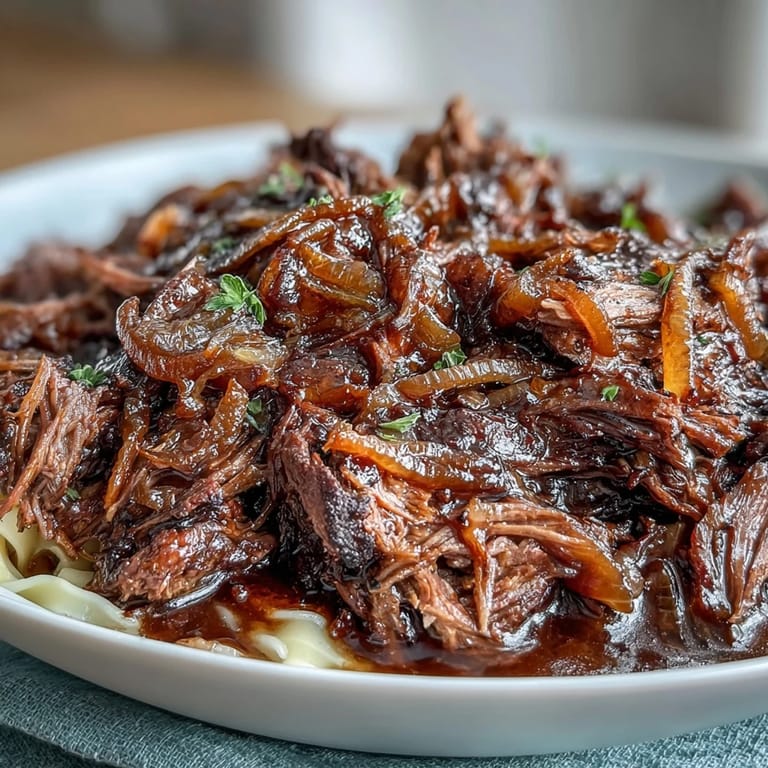 Crockpot French Onion Pot Roast Pasta plated with Gruyère cheese and rustic bread on the side.
