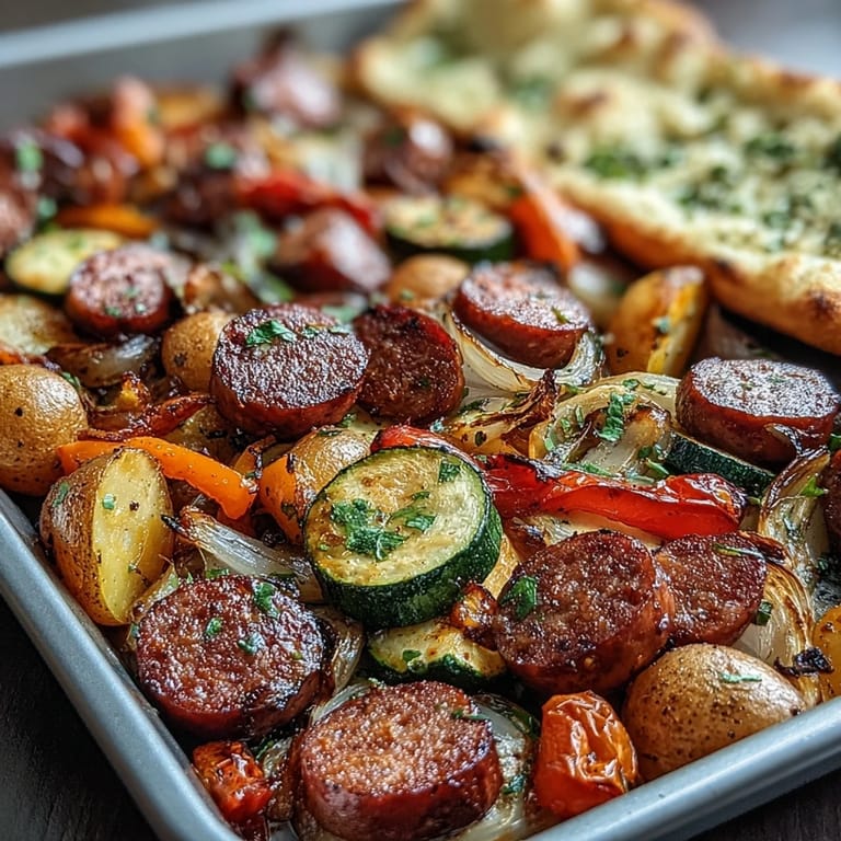 Perfectly caramelized Smoky Sheet Pan Sausage & Veggies with naan for dunking, ideal for a quick weeknight dinner.