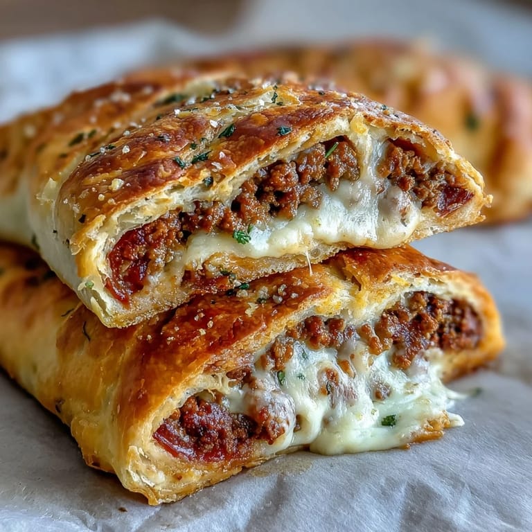Close-up of sliced High-Protein Pepperoni Stromboli revealing layers of savory ground beef, spicy pepperoni, and gooey mozzarella, served warm for a hearty Italian-American dinner.