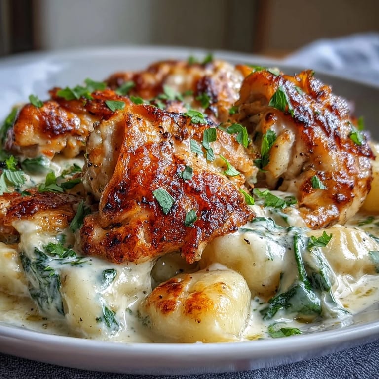Skillet of One-Pan Creamy Garlic Chicken Gnocchi with bubbling cheese and fresh parsley garnish, ready to serve alongside crusty bread.