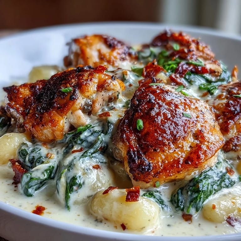 Tender chicken nestled in a rich, garlicky cream sauce with gnocchi and spinach, showcasing a hearty Italian-inspired weeknight meal.