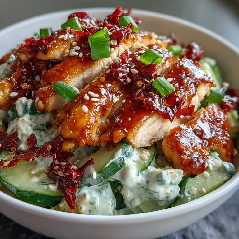 A finished bowl of TikTok Chili-Crisp Cucumber Chicken, piled high with chilled yogurt cucumbers, tender chicken, and a generous swirl of chili crisp.
