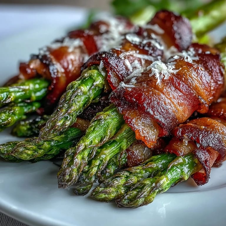 Easy Keto Bacon-Wrapped Asparagus Bundles with Parmesan, garnished with herbs and paired with creamy dipping sauce.