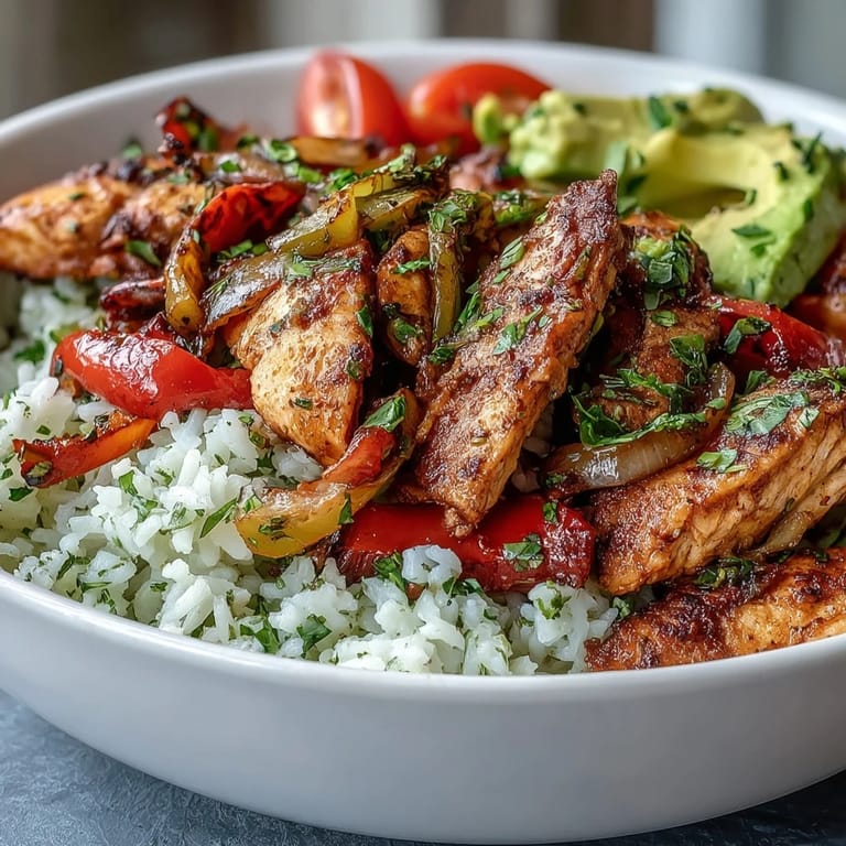 Healthy meal prep containers filled with Skinny Chicken Fajita Meal Prep Bowls with Cilantro-Lime Rice, garnished with fresh cilantro.