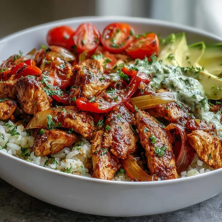 Freshly assembled Skinny Chicken Fajita Meal Prep Bowls with Cilantro-Lime Rice topped with sliced avocado and halved cherry tomatoes.