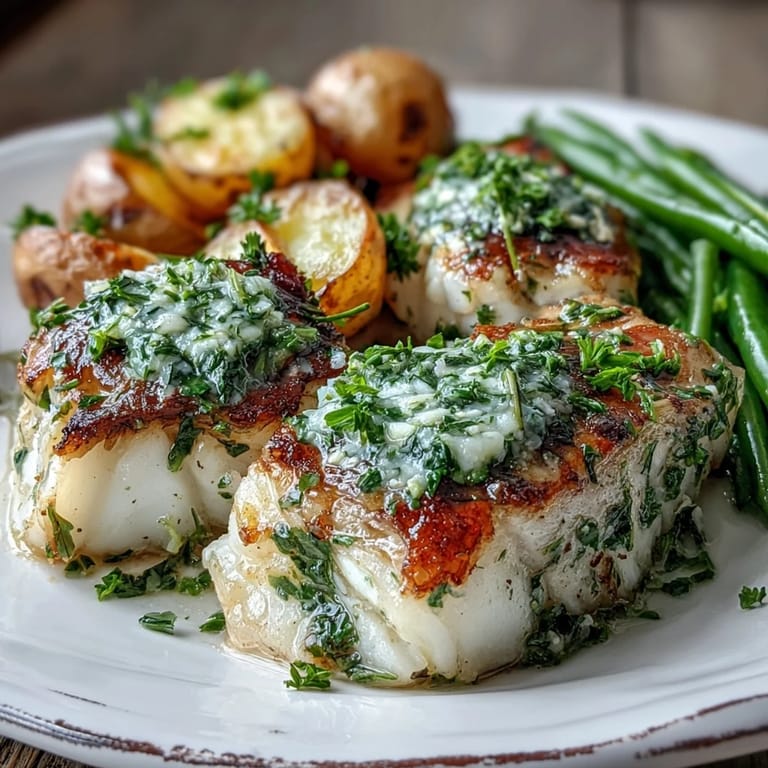 A close-up of flaky cod topped with garlic herb butter, served with golden potatoes and green beans on a plate.