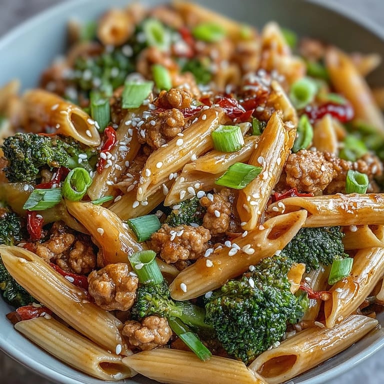 A steaming bowl of Sweet & Spicy Turkey Broccoli Pasta garnished with fresh cilantro and sesame seeds on a wooden table.