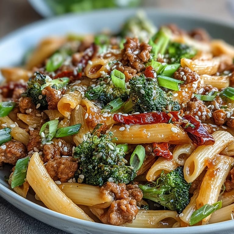 Sizzling pan of Sweet & Spicy Turkey Broccoli Pasta with penne, red bell peppers, and a sweet chili glaze.
