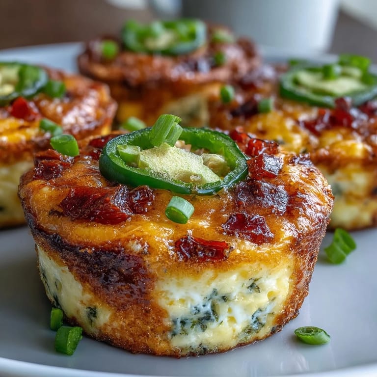 Freshly baked Keto Jalapeño Cheddar Egg Cups in a muffin tin, featuring vibrant diced red bell peppers and herbs.