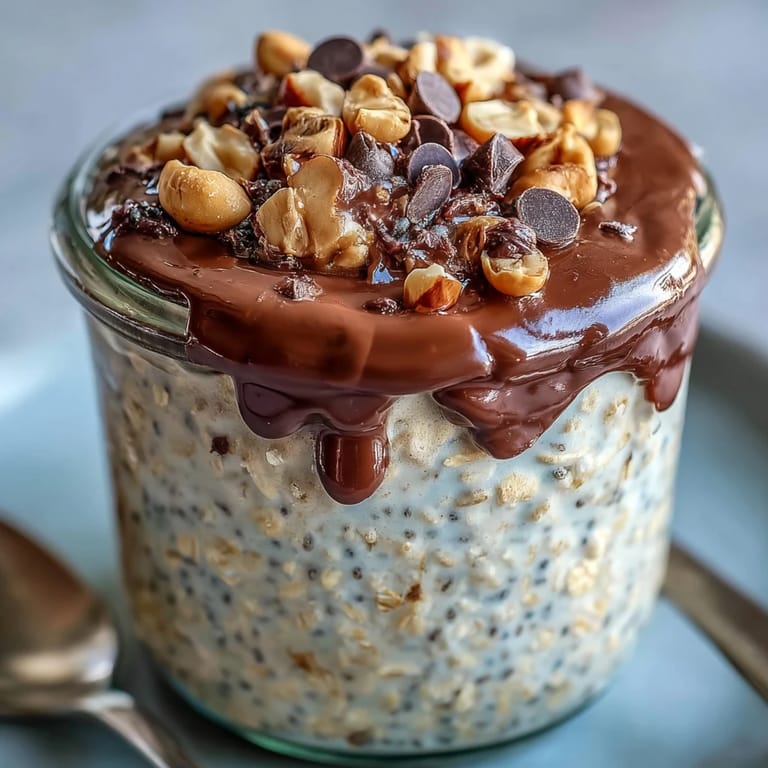 Overnight chilled Peanut Butter Cup Overnight Oats topped with mini chocolate chips and peanut butter drizzle. 