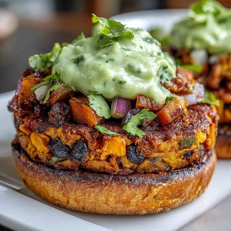 Crispy pan-fried Vegan Sweet Potato Black Bean Burgers patties on a plate topped with creamy green avocado lime sauce and lime wedges.