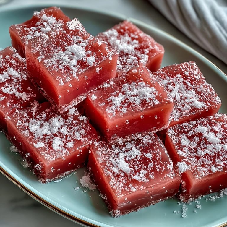 Rich, tropical guava cheese squares with a glossy sheen, made from ripe guava, lime, and butter for a fragrant, sweet treat.  