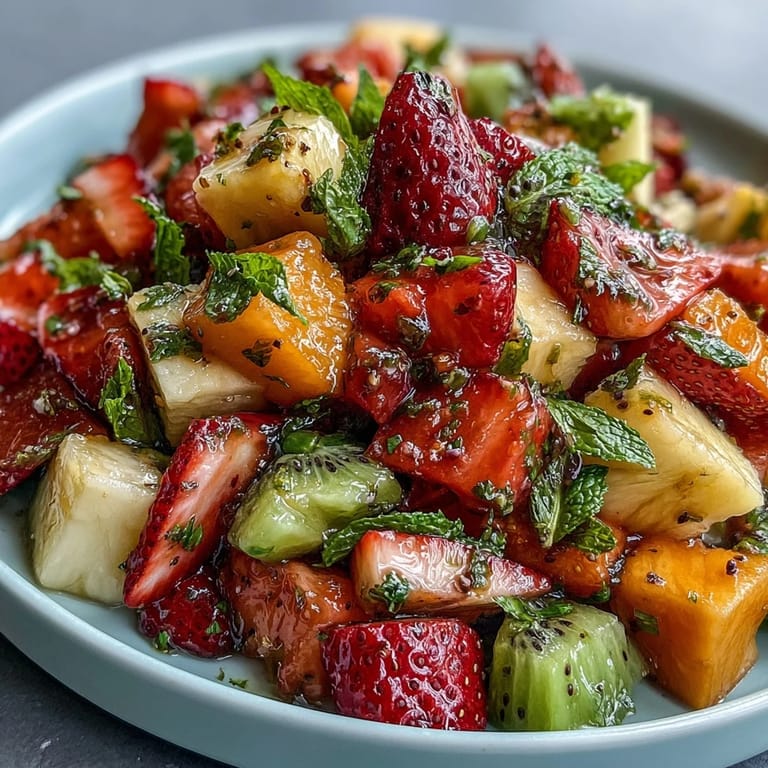 Vibrant tropical fruit salad with mint lime dressing, garnished with fresh mint and colorful kiwi slices.