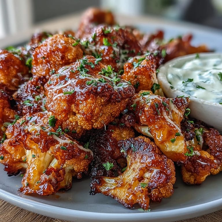 Spicy buffalo-glazed cauliflower wings with cooling ranch yogurt dip, offering a low-carb twist on classic American comfort food.