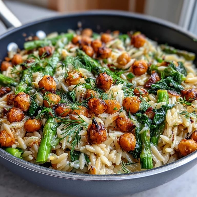 Bright Mediterranean-inspired orzo with lemon, chickpeas, and seasonal veggies, garnished with fresh herbs and zest.