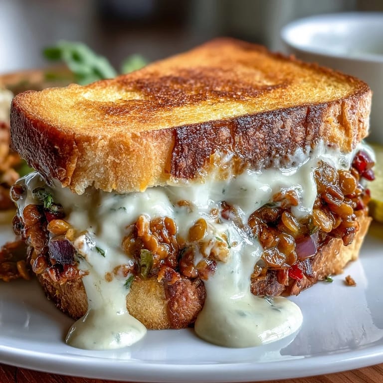 Savory lentil sloppy joe mixture with smoky spices served on golden toasted sourdough and topped with creamy vegan cheese.  