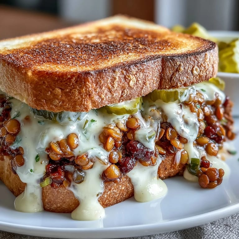 Comforting vegan sloppy joes with cheeseburger flavors, lentils, and rich cheese sauce on crisp sourdough bread slices.