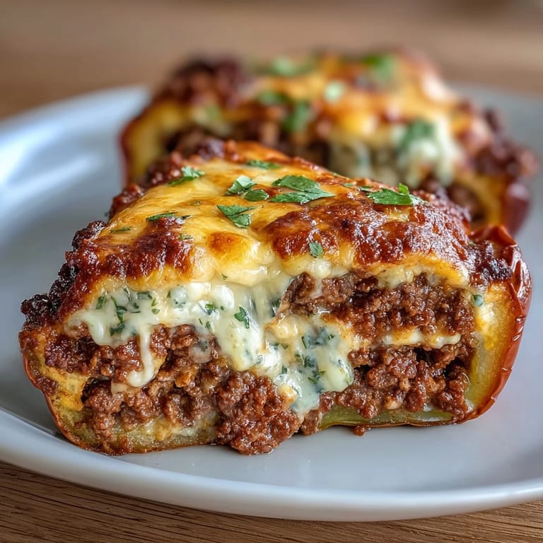 Colorful bell peppers overflowing with zesty ground beef taco filling, finished with bubbling melted cheddar for a satisfying keto meal.