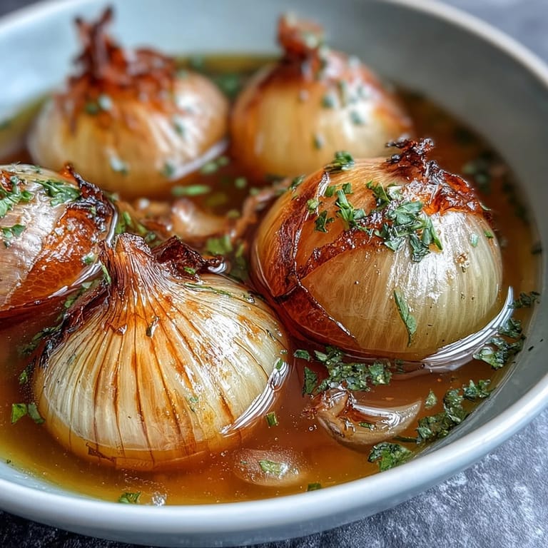 Rich, savory onion boil ASMR with whole onions in herb-infused broth, perfect for sensory enjoyment.