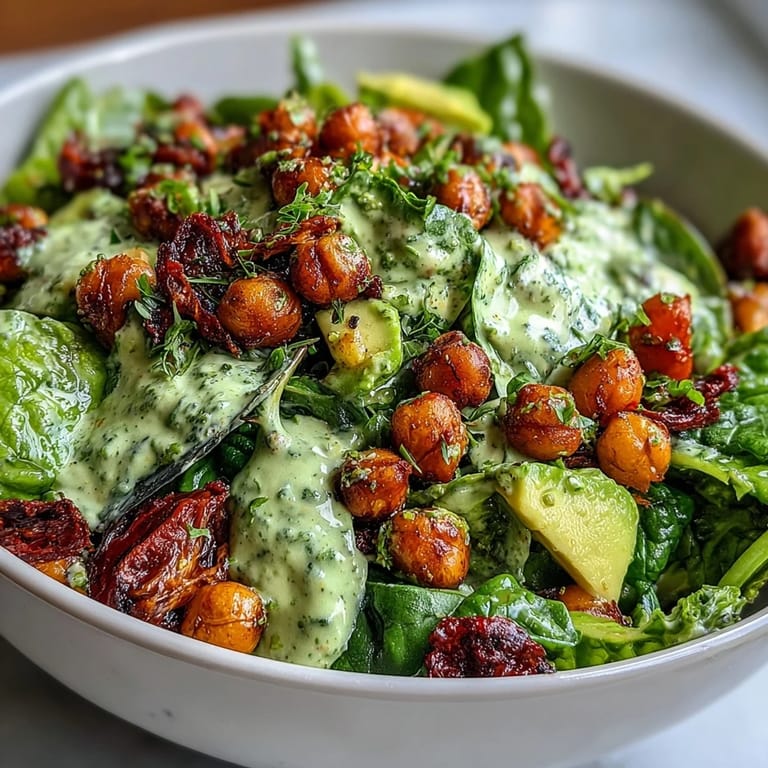 Fresh green salad tossed with pistachio dressing, topped with avocado and crunchy roasted chickpeas.  