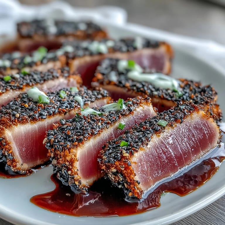Sushi-grade tuna steaks coated in toasted black and white sesame seeds, pan-seared rare and sliced with wasabi mayonnaise drizzle.  