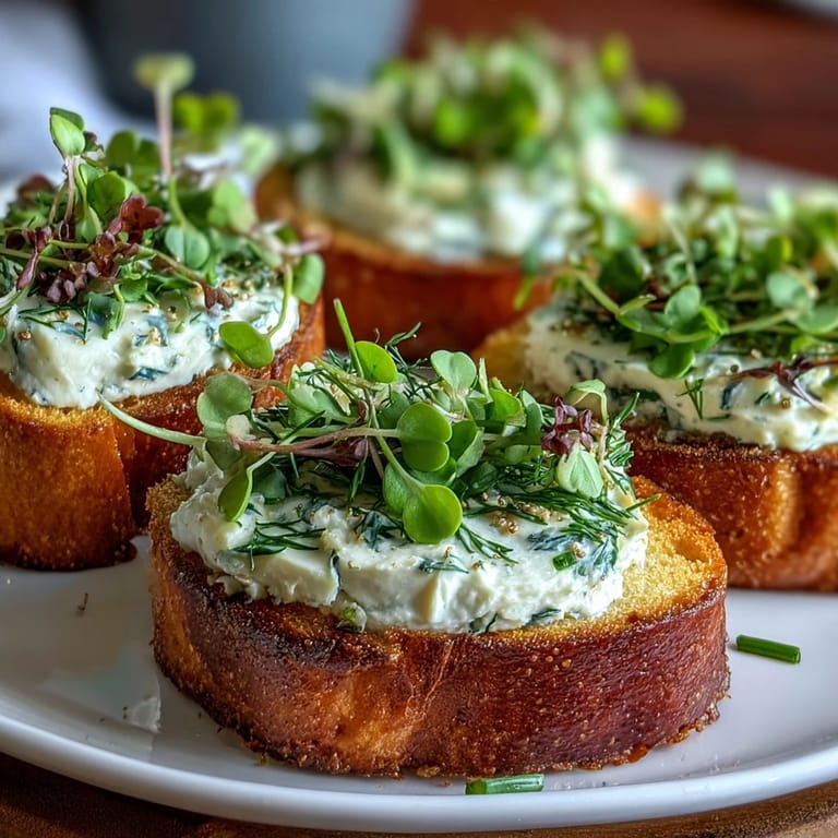 Crispy baguette slices topped with tangy cream cheese and fresh herbs, finished with flaky sea salt for a savory bite.