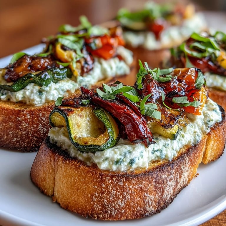 Crispy baguette slices brushed with garlic butter, layered with creamy ricotta and a vibrant mix of charred seasonal vegetables.  