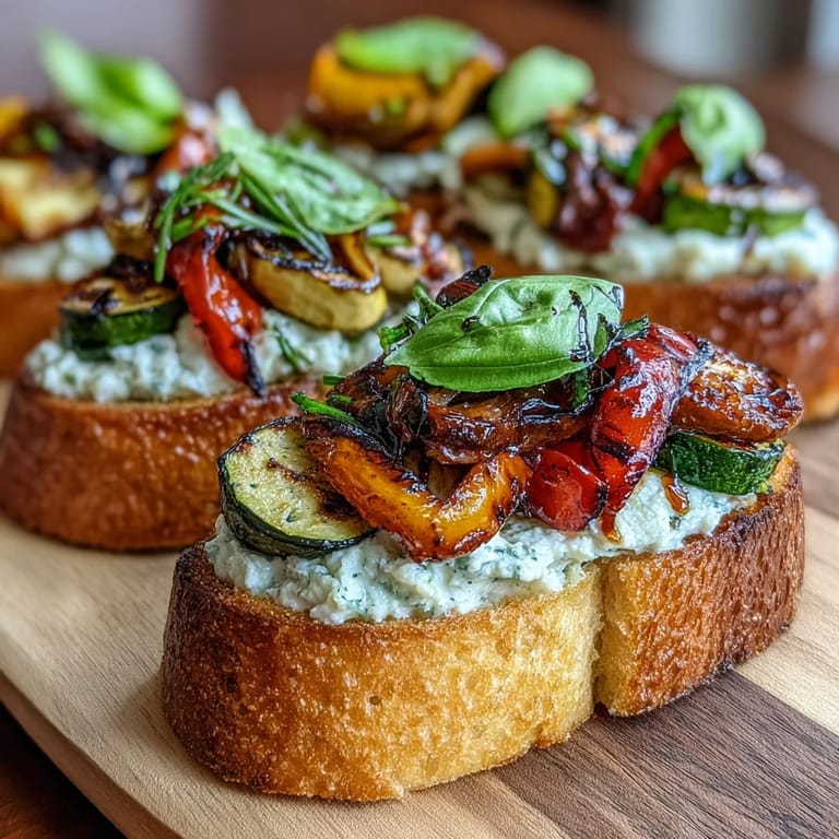 Buttery garlic crostini piled high with colorful roasted veggies and a dollop of ricotta, finished with a balsamic drizzle.