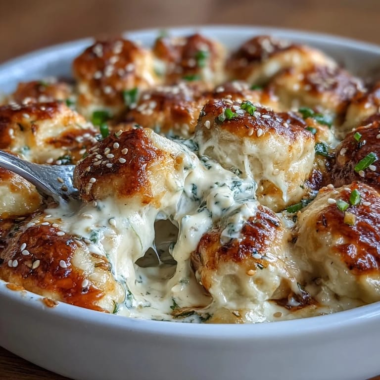 Layered Trader Joes dumplings baked in a savory cream sauce, topped with gooey mozzarella and cheddar cheese, bubbling and golden.  
